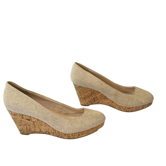 Nine West Beige Cork Wedge Heels Size 7.5M | Linen Look Slip-On Pumps Neutral - Picture 2 of 7